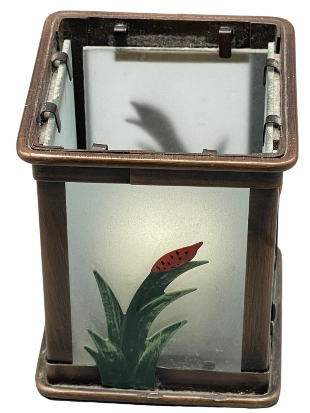 bronze metal and frosted glass candle holder metal plants on each side 4" READ